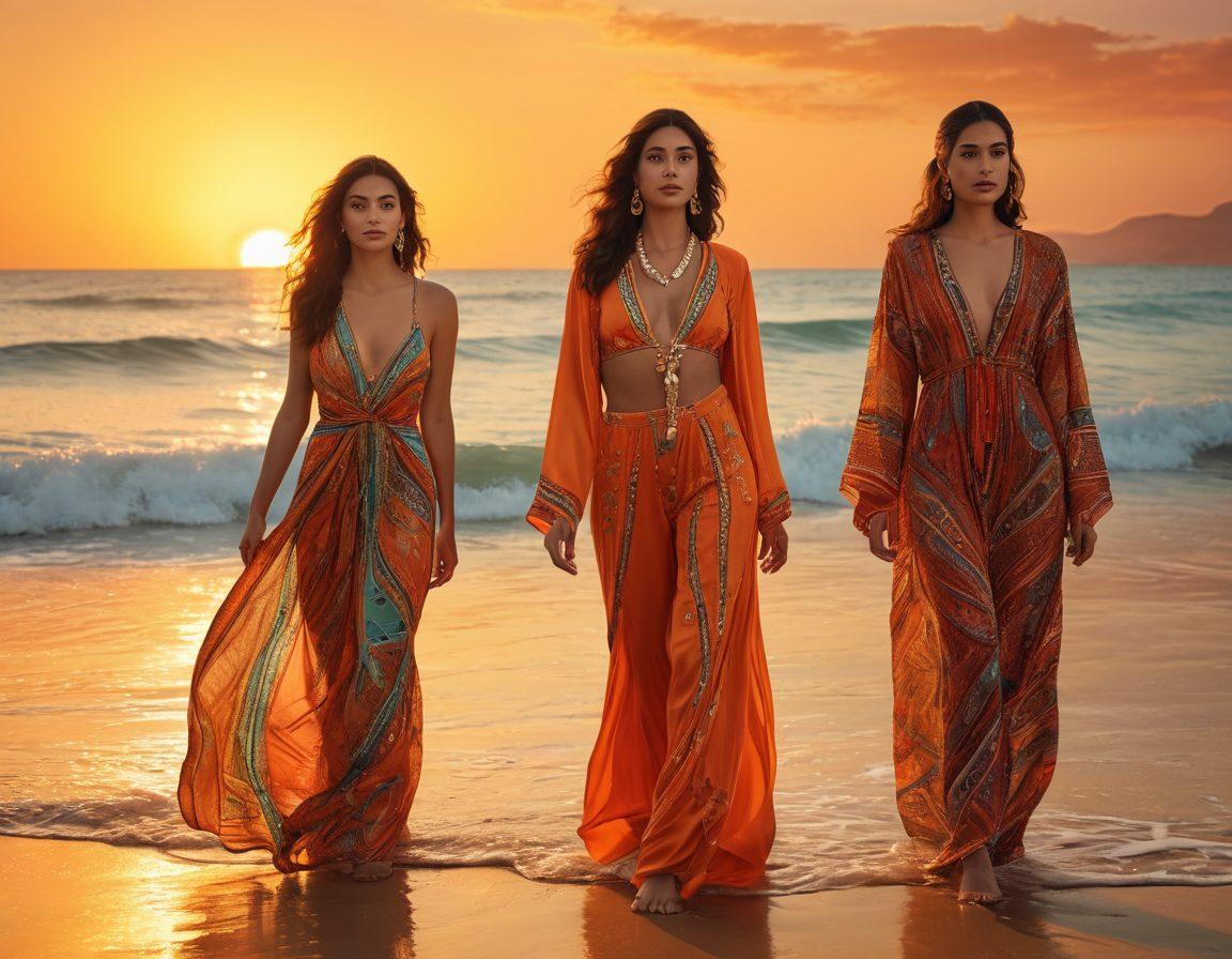A vibrant summer beach scene featuring diverse individuals wearing stylish beachwear inspired by Arab culture, with rich patterns and colors reflecting emotions like joy and nostalgia. In the backdrop, the sun sets over a serene coastline, symbolizing transformation from sadness to style. Include motifs such as intricate geometric designs and flowing fabrics. The overall atmosphere conveys warmth and cultural richness. super-realistic. vibrant colors. sunset hues.